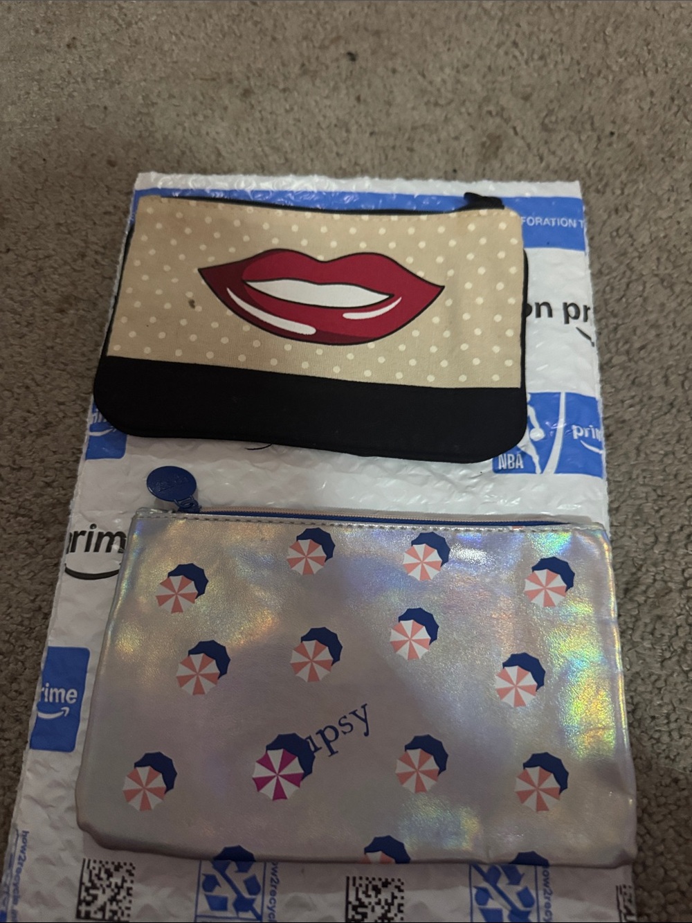 Ipsy Holographic Cosmetic Bag with Beach Umbrella Print & Polka Dot Lip Pouch